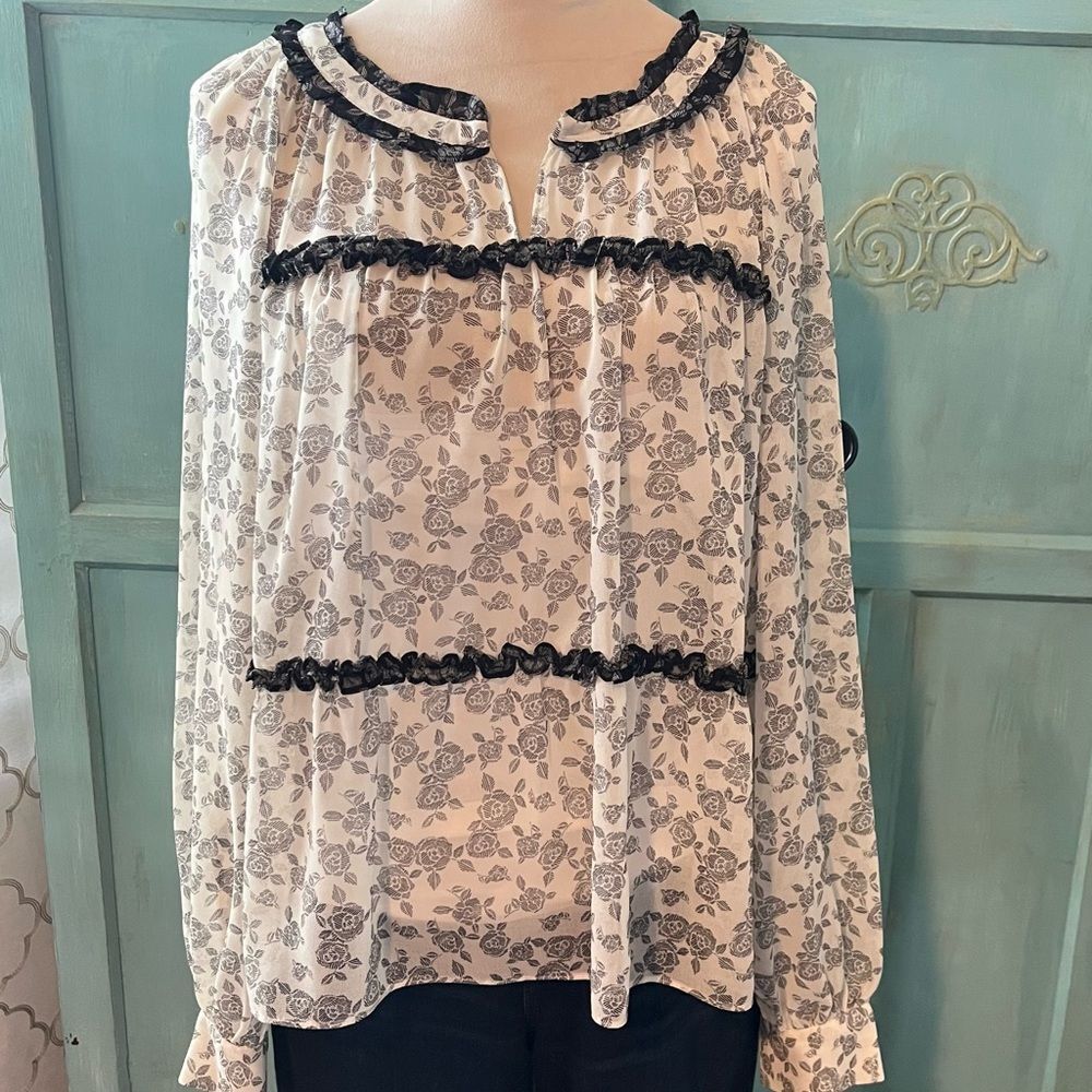 Vince Camuto Women's Long Sleeve Sheer Blouse Off White & Black Floral Size XL